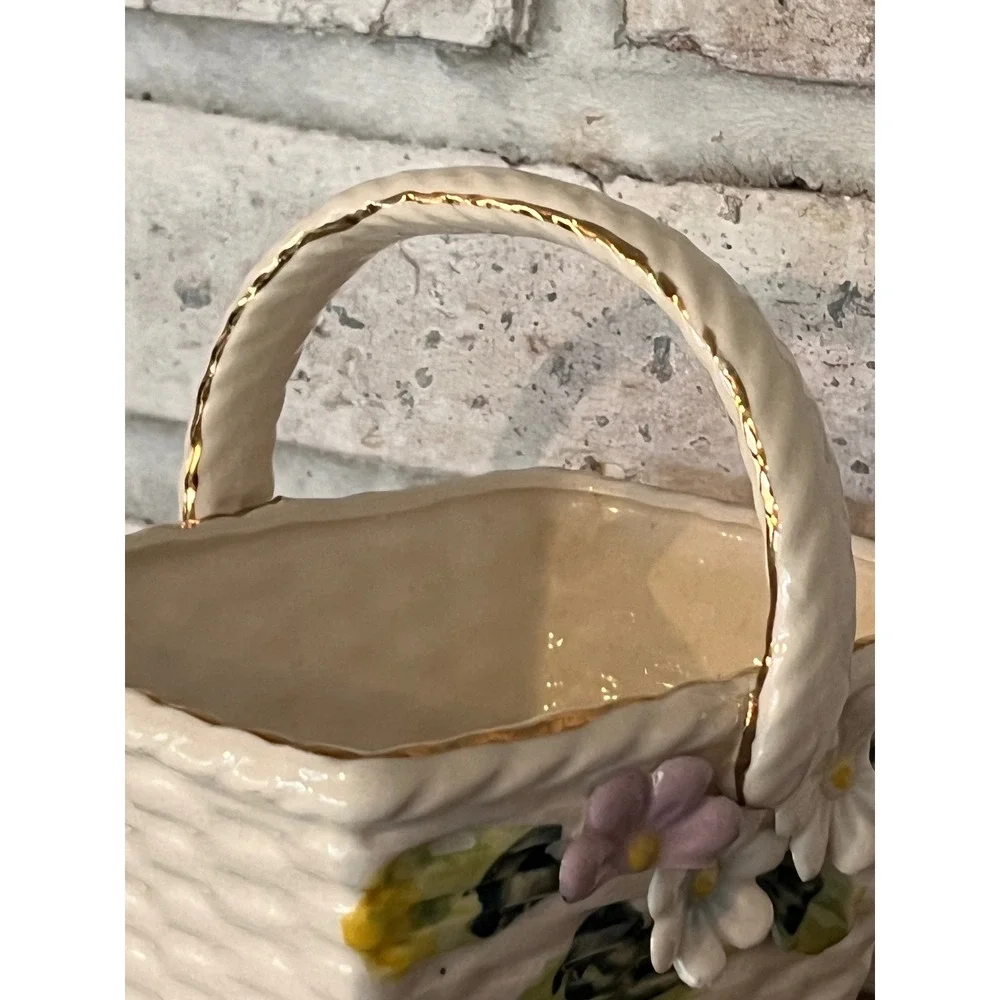 Vintage Ceramic‎ Floral Basket Plant it Trinket Container w/ Raised Flowers